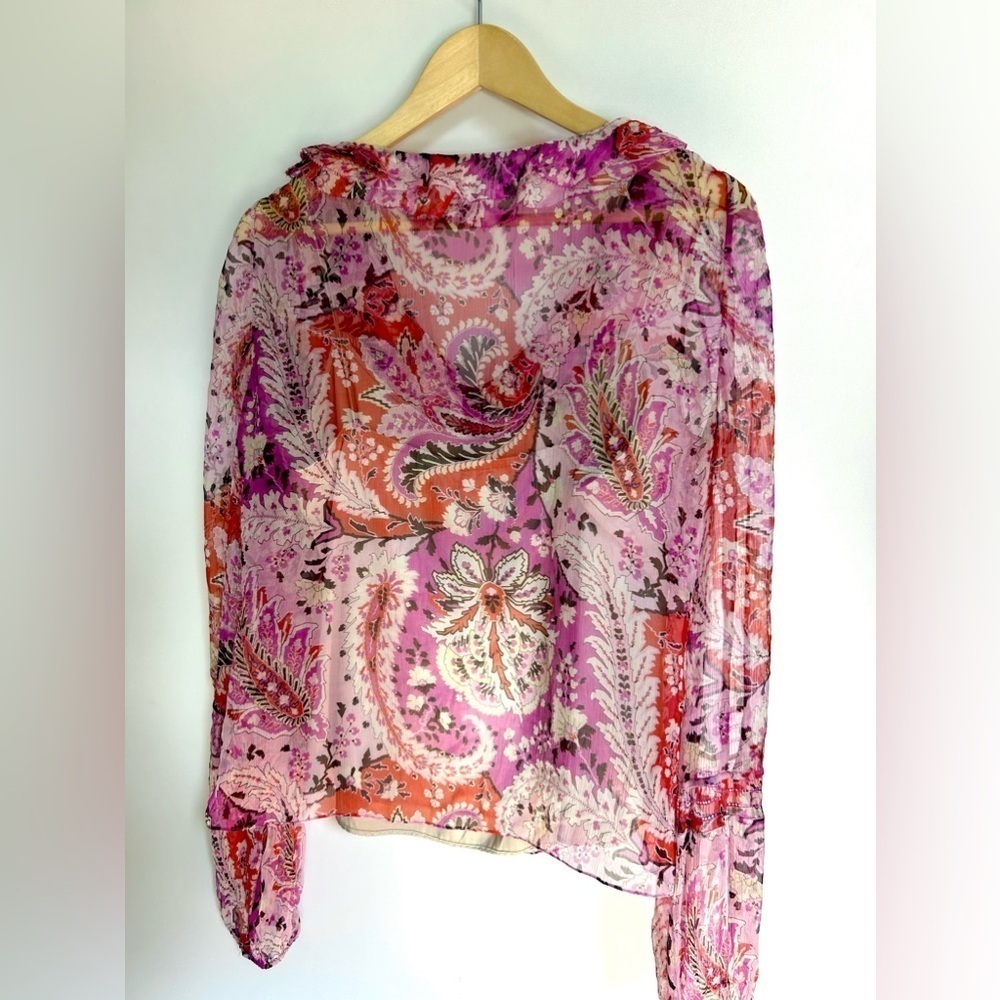 Elie tahari Pink  paisley print blouse Floral Ruffle Tie Front Long Sleeve Top - Picture 4 of 7